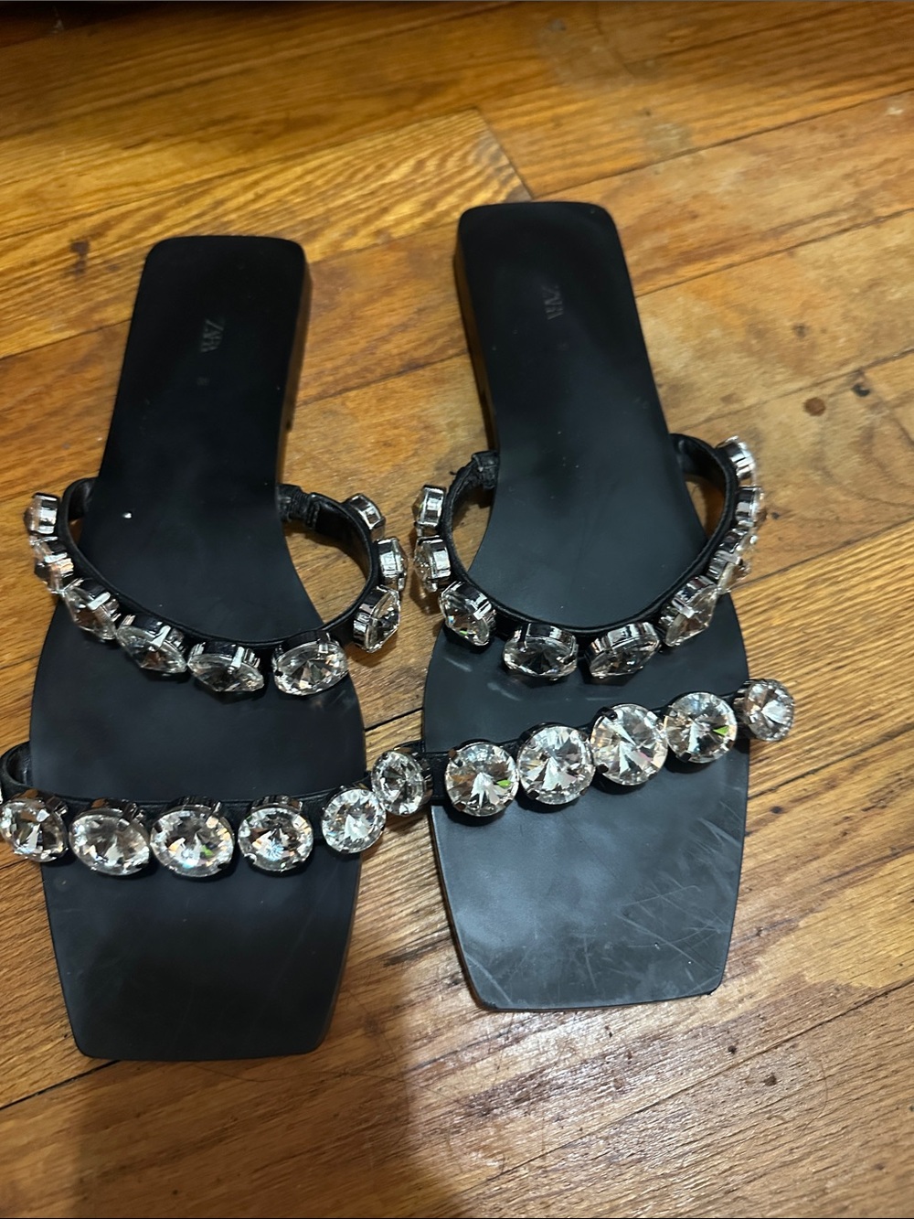 Zara Black Slide Sandals with Oversized Clear Crystal Embellishments